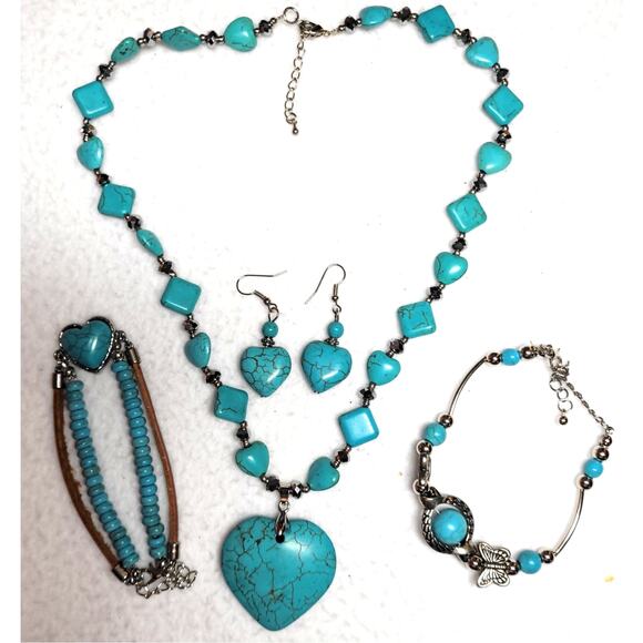 Faux Turquoise Necklace Bracelet Earrings 4 Pc Lot Hearts Butterfly Boho Western - Picture 1 of 5